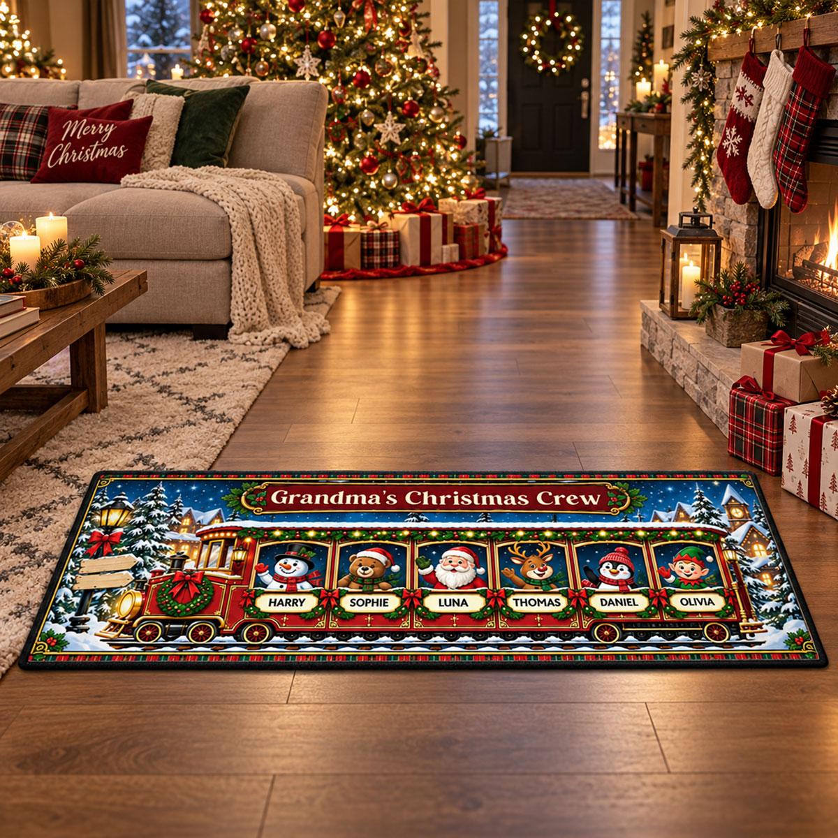 Custom Family Name Rug, Housewarming Birthday Gift For Family Members • Christmas Crew Train - Personalized Runner Rug