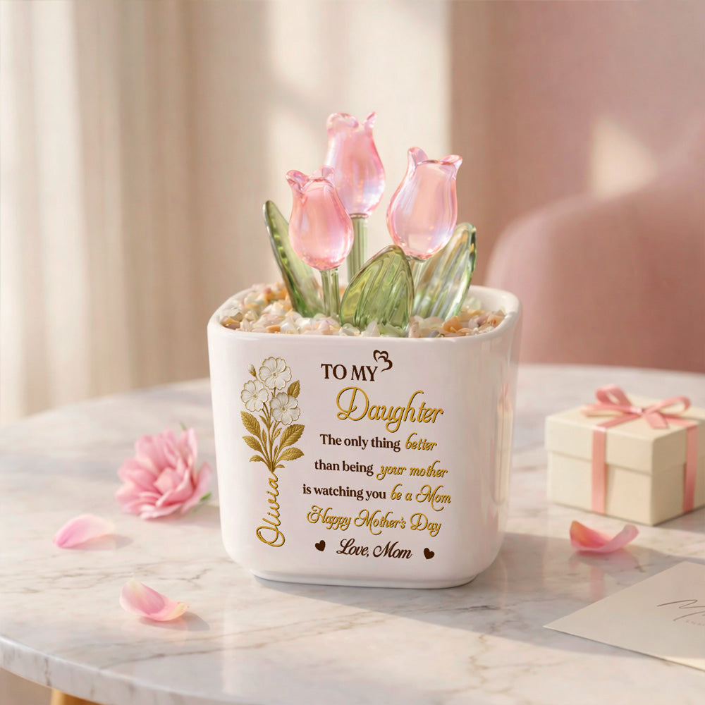 Custom Mother's Day Flower Keepsake, Glass Home Decor Gift for Daughter • Watching You Bloom - Personalized Glass Everlasting Tulips