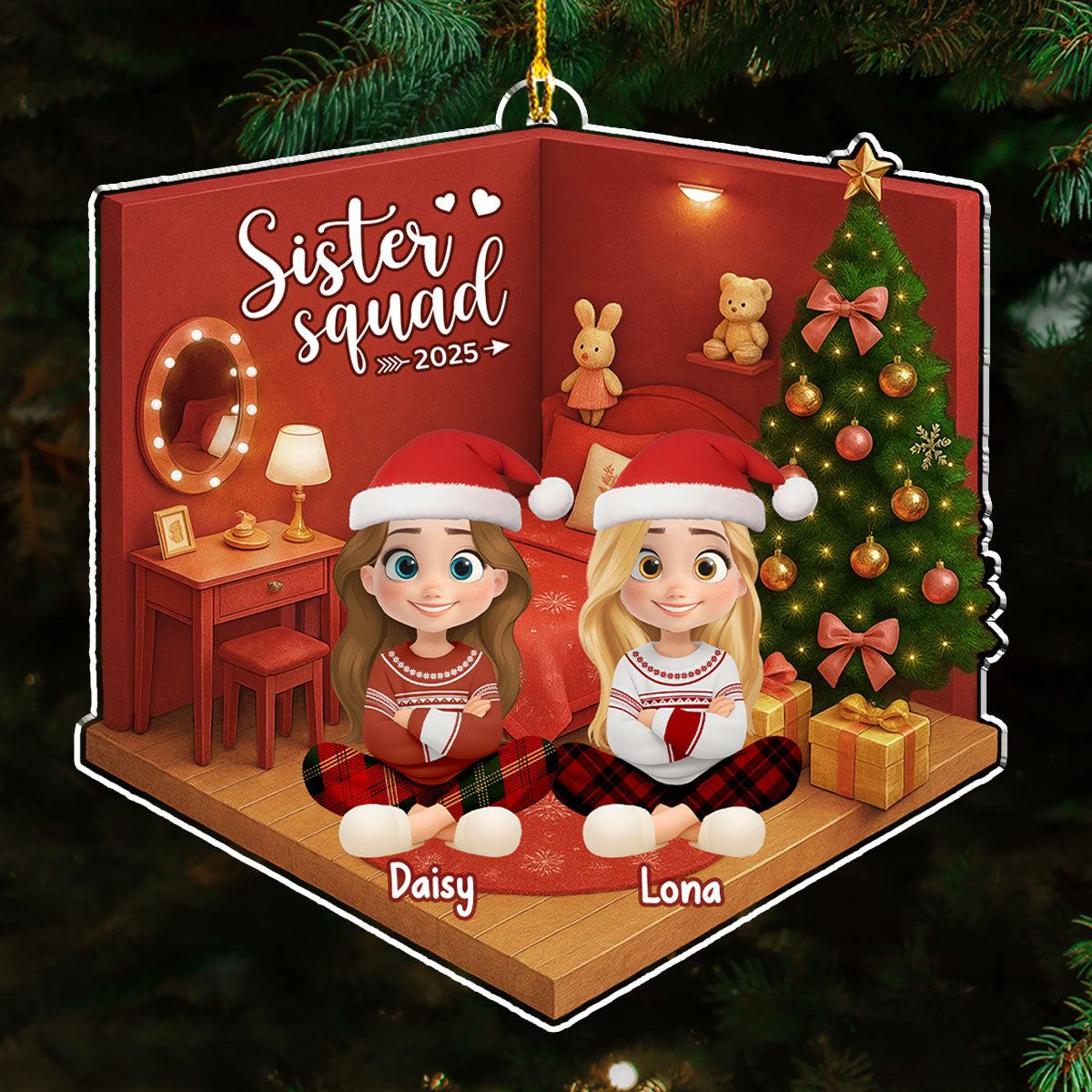Custom Sister Christmas Ornament •  Cozy Dollhouse Nights - Personalized Acrylic Ornament