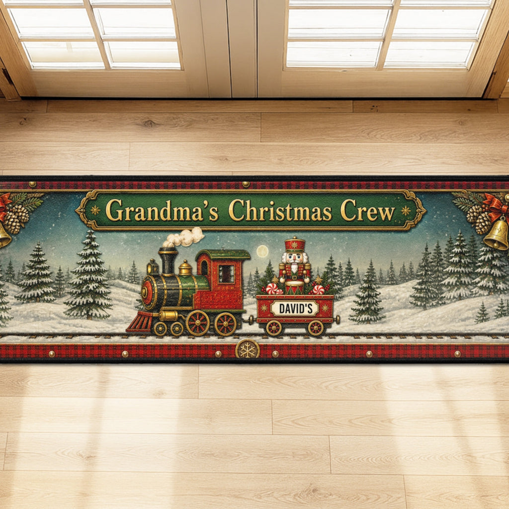 Custom Family Name Christmas Rug, Holiday Gift For Grandma Grandpa • Christmas Train Family - Personalized Runner Rug