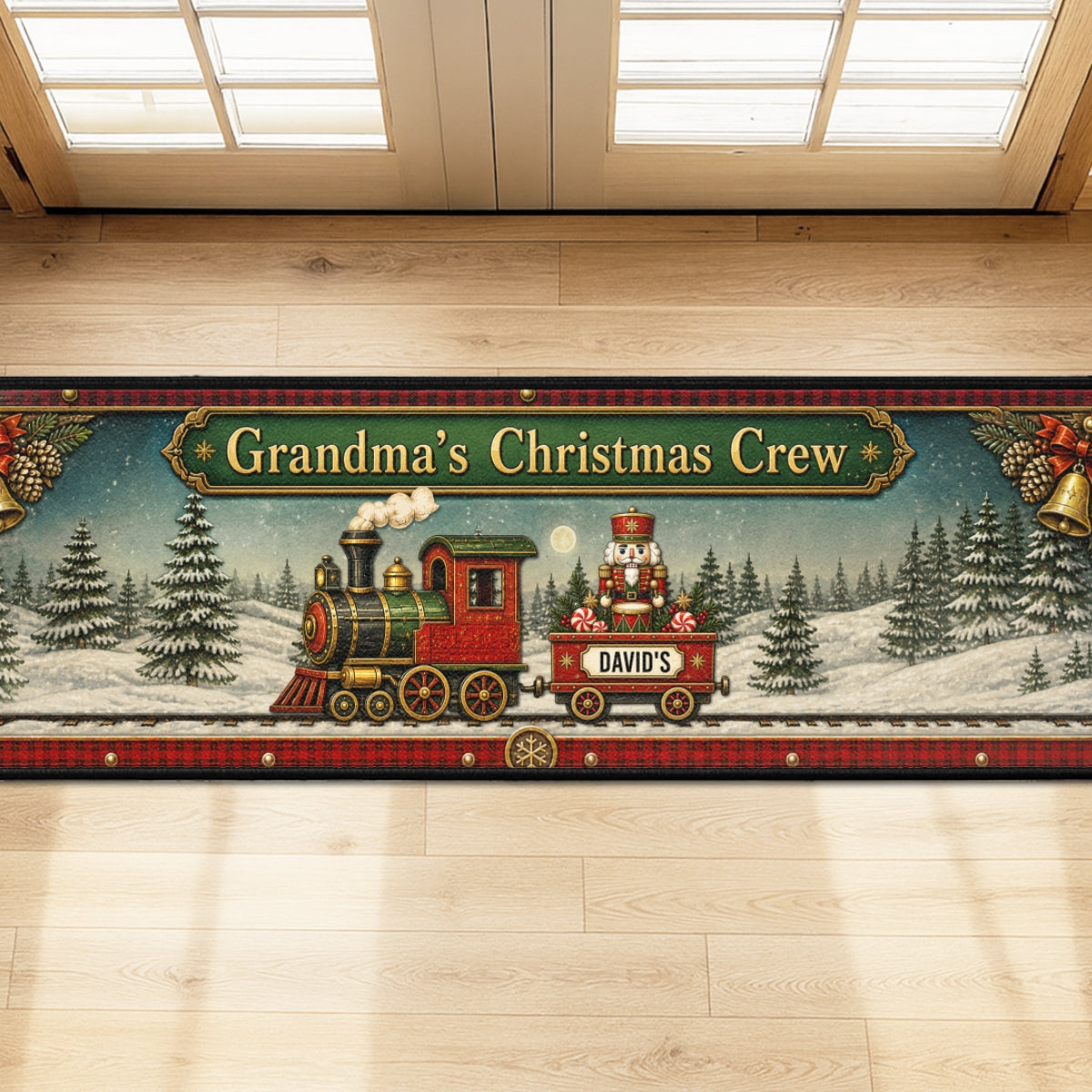 Custom Family Name Christmas Rug, Holiday Gift For Grandma Grandpa • Christmas Train Family - Personalized Runner Rug