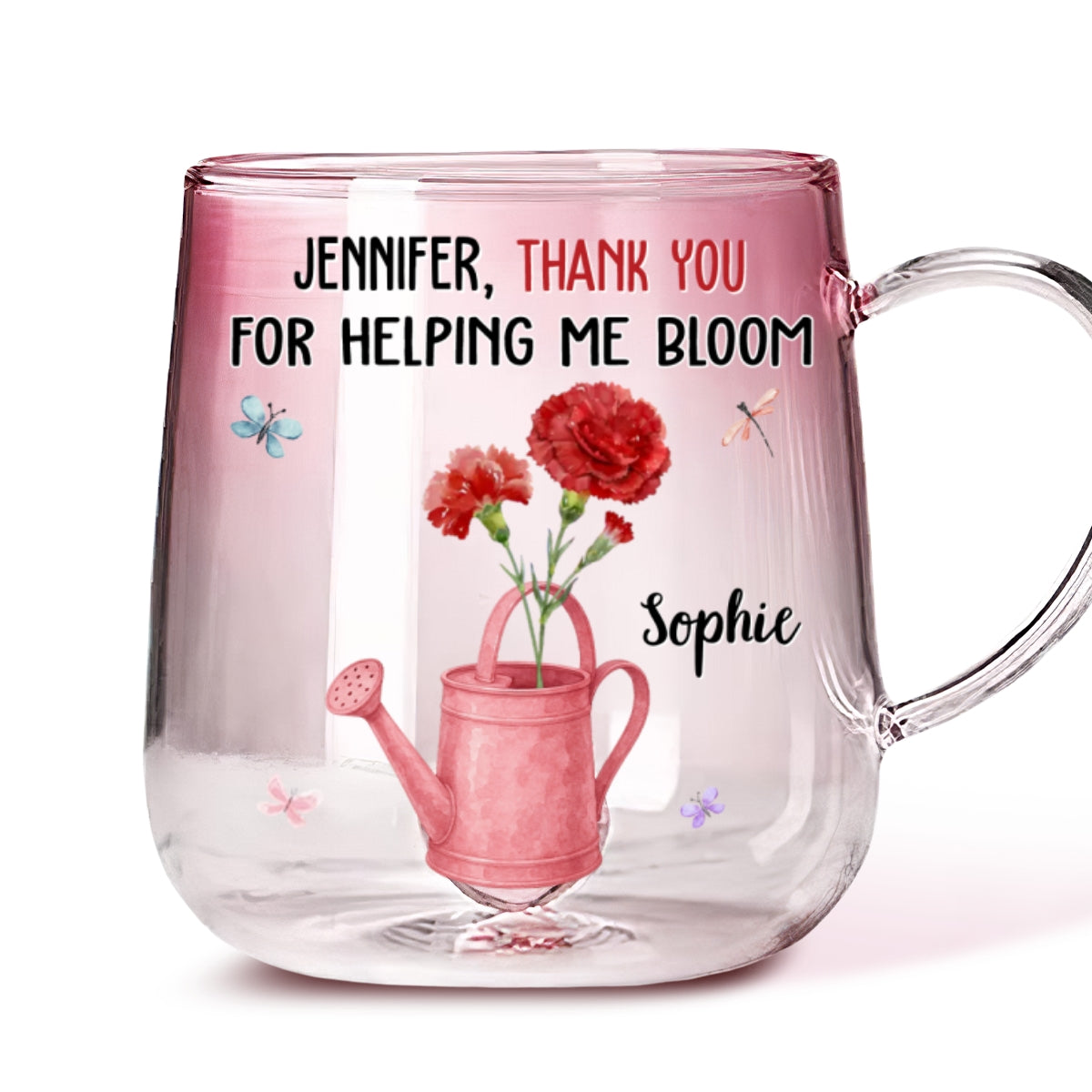 Custom Best Friend, Christmas & Birthday Friendship Keepsake Gift • Thank You For Helping Me Bloom - Personalized Pink Gradient Glass Mug