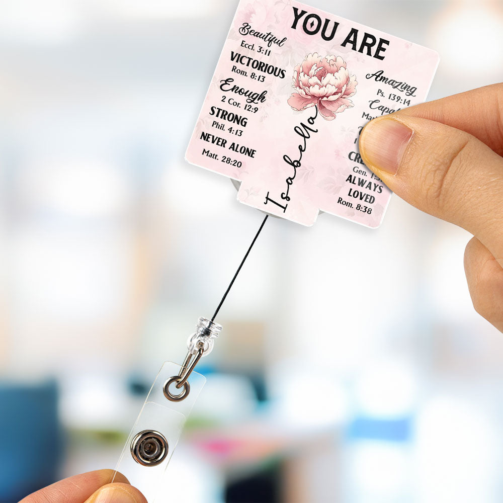 Custom Birth Flower ID Holder For Coworker, Office Gift With Name • God Says You Are - Personalized Acrylic Badge Reel