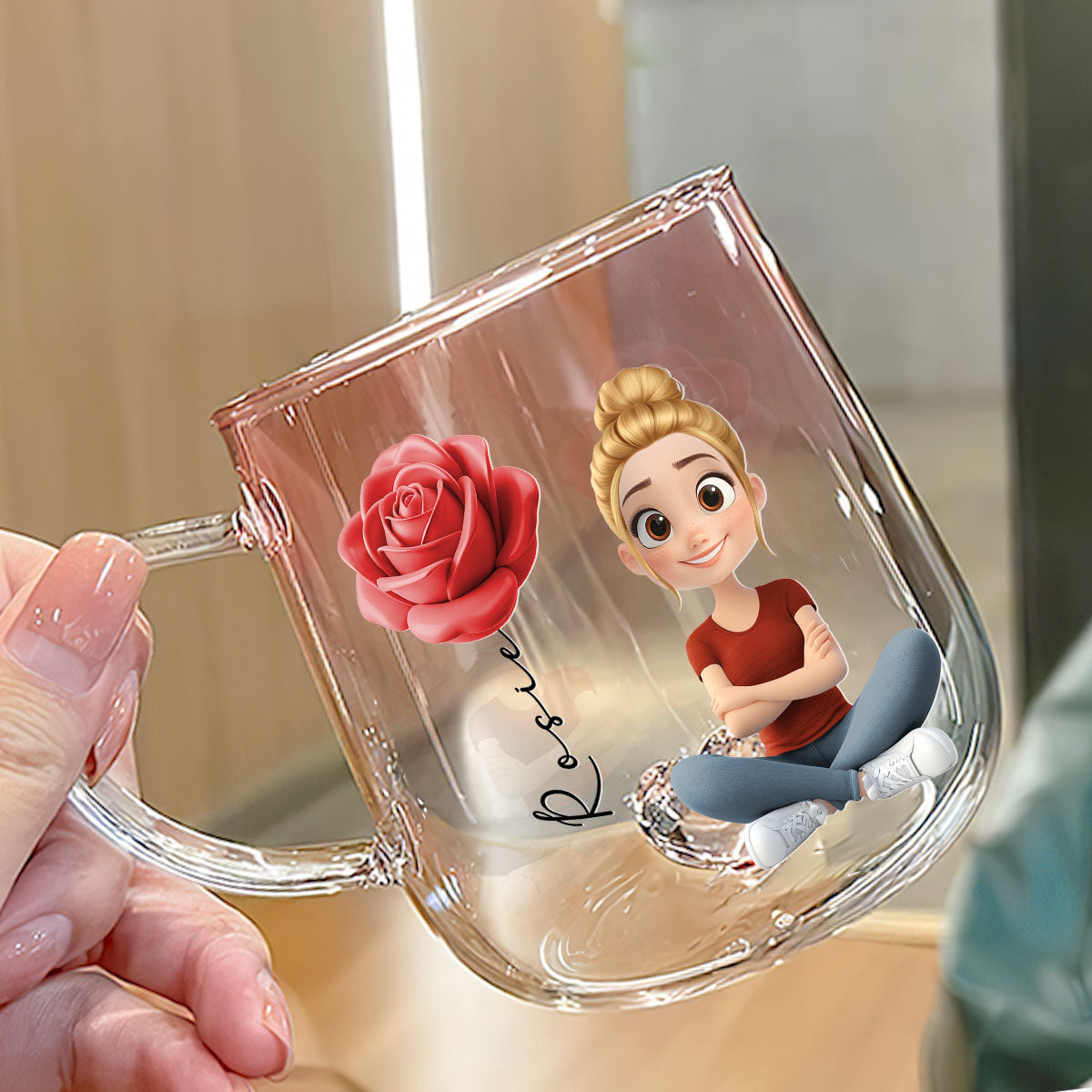 Custom Christmas & Birthday Keepsake Gift • Beautiful Floral Girl - Personalized Pink Gradient Glass Mug