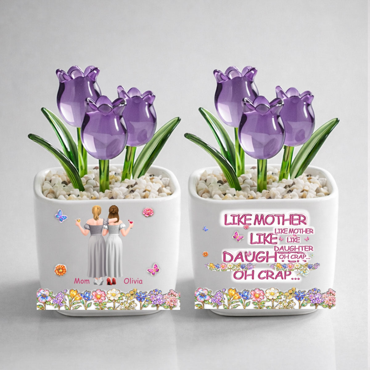 Custom Mother's Day Flower Keepsake, Glass Home Decor Gift for Mom • Like Mother Like Daughter - Personalized Glass Everlasting Tulips
