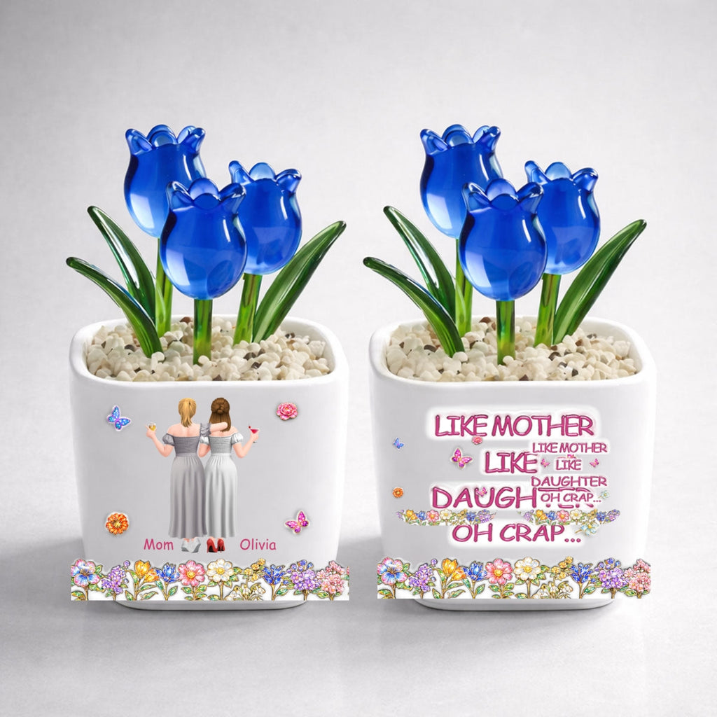 Custom Mother's Day Flower Keepsake, Glass Home Decor Gift for Mom • Like Mother Like Daughter - Personalized Glass Everlasting Tulips