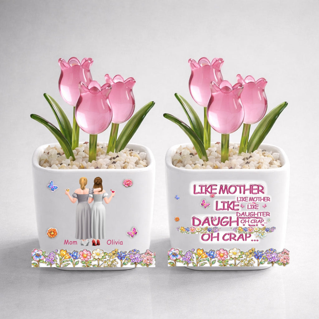 Custom Mother's Day Flower Keepsake, Glass Home Decor Gift for Mom • Like Mother Like Daughter - Personalized Glass Everlasting Tulips