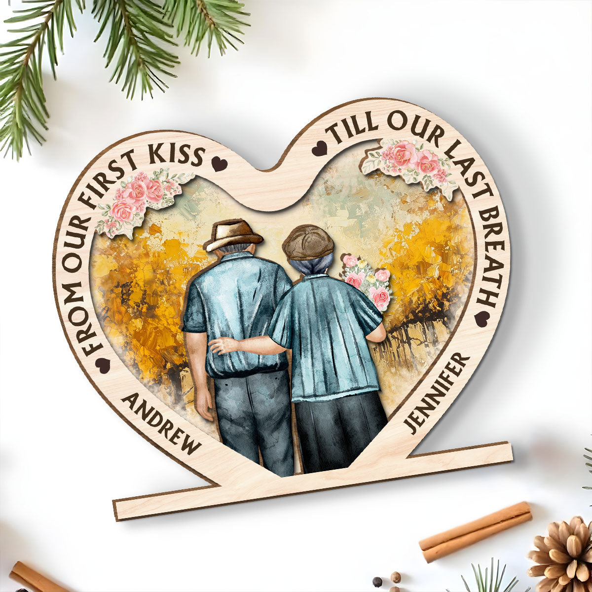 Custom Decor for Wife, Gift for Her • Our First Kiss - Personalized 2-Layer Wood Plaque With Flat Base