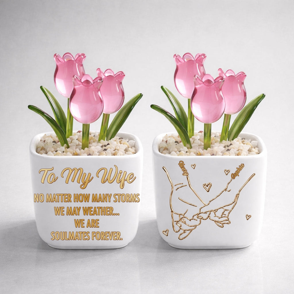 Custom Glass Flower Keepsake, Romantic Anniversary Gift for Wife • Soulmates Forever - Personalized Glass Everlasting Tulips