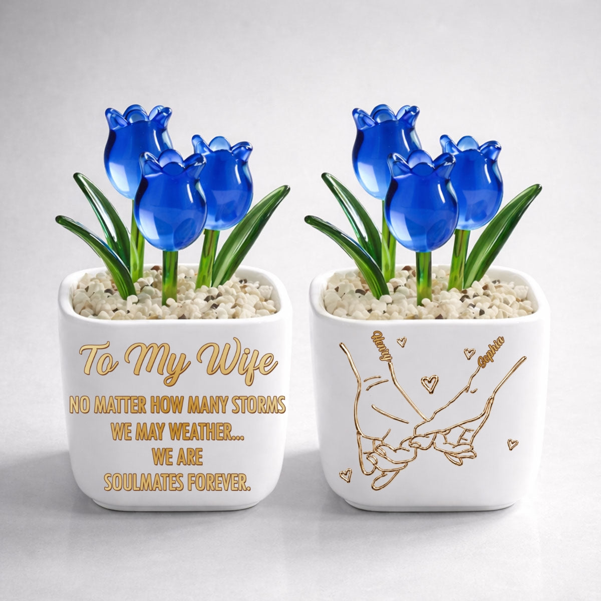 Custom Glass Flower Keepsake, Romantic Anniversary Gift for Wife • Soulmates Forever - Personalized Glass Everlasting Tulips