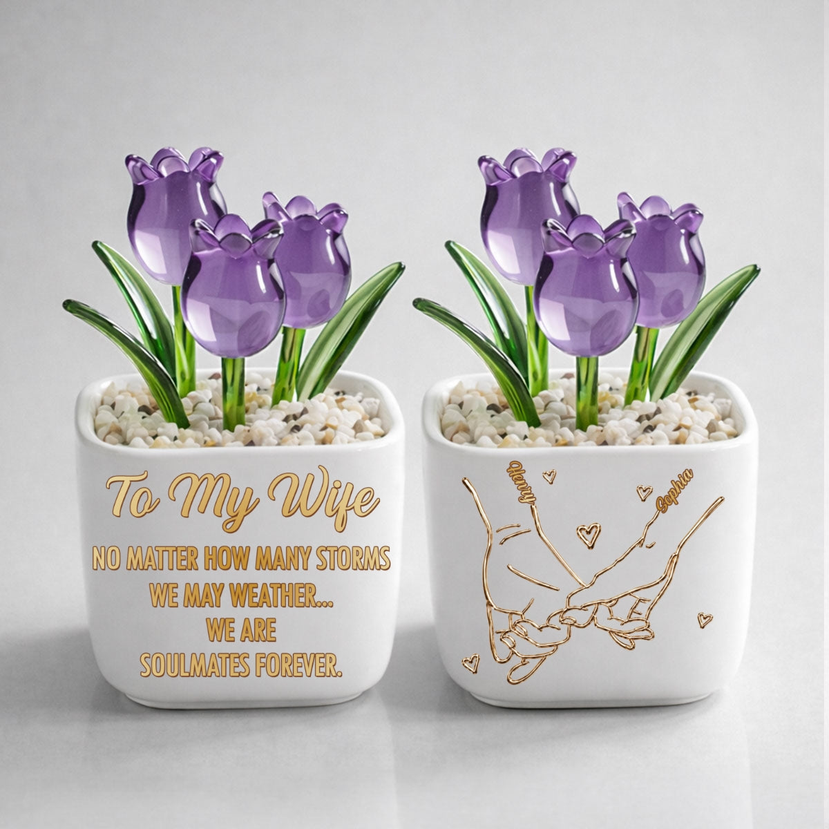 Custom Glass Flower Keepsake, Romantic Anniversary Gift for Wife • Soulmates Forever - Personalized Glass Everlasting Tulips