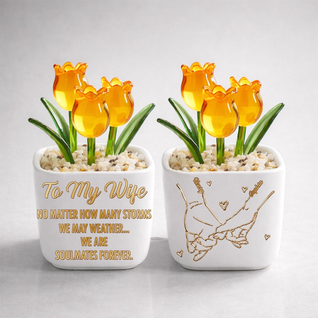 Custom Glass Flower Keepsake, Romantic Anniversary Gift for Wife • Soulmates Forever - Personalized Glass Everlasting Tulips