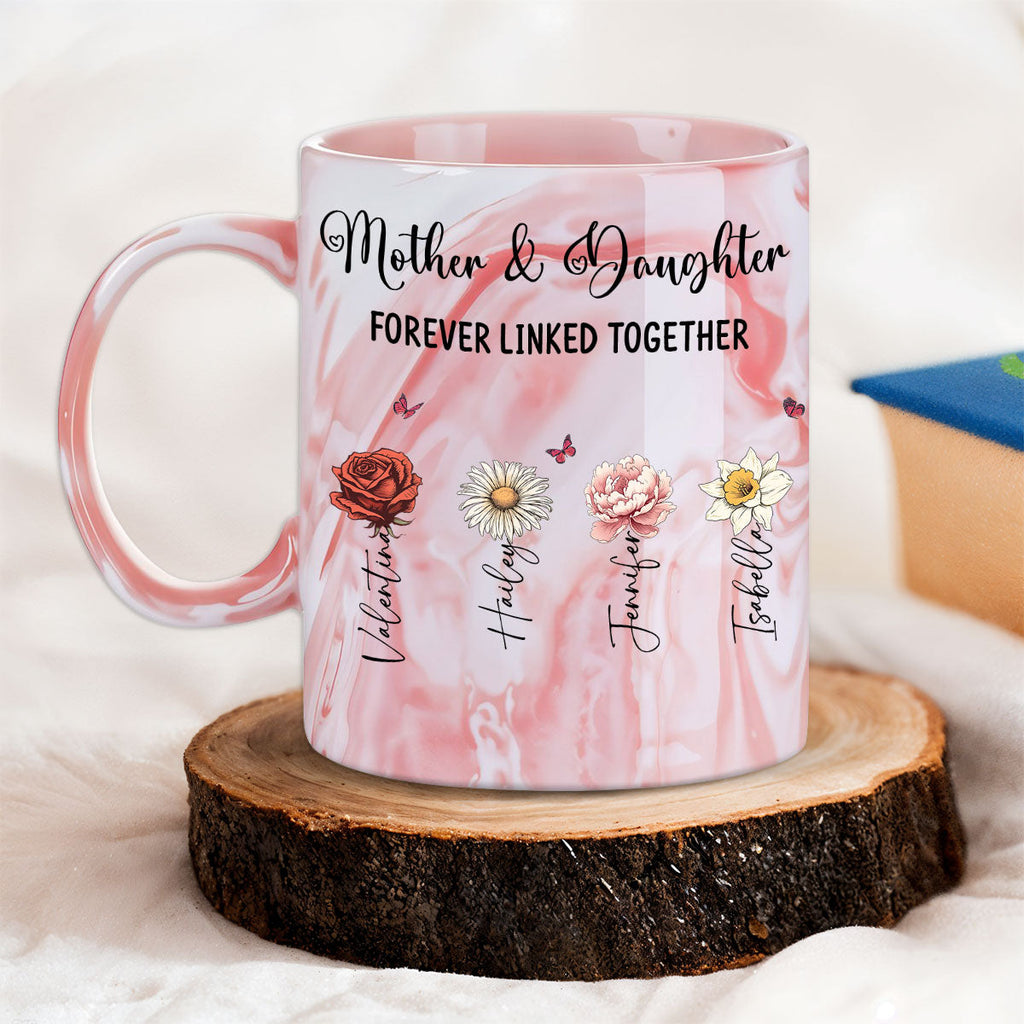 Custom Mother's Day Gift for Mom & Grandma • Mom And Daughter Forever Linked Together - Personalized Pink Marble Mug