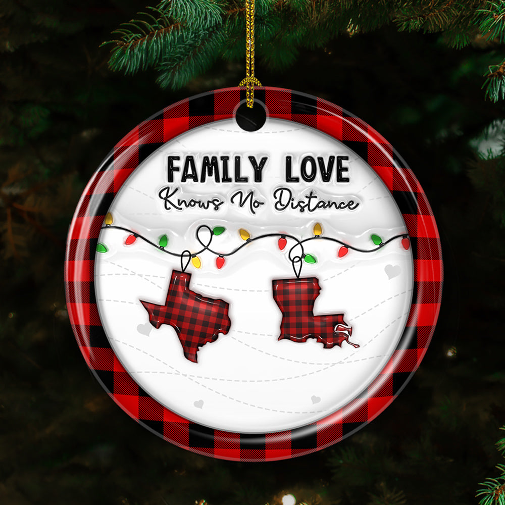 Custom Family Christmas Ornament for Long Distance Families •  Family Love Know No Distance Red - Personalized 3D Effect Ceramic Ornament