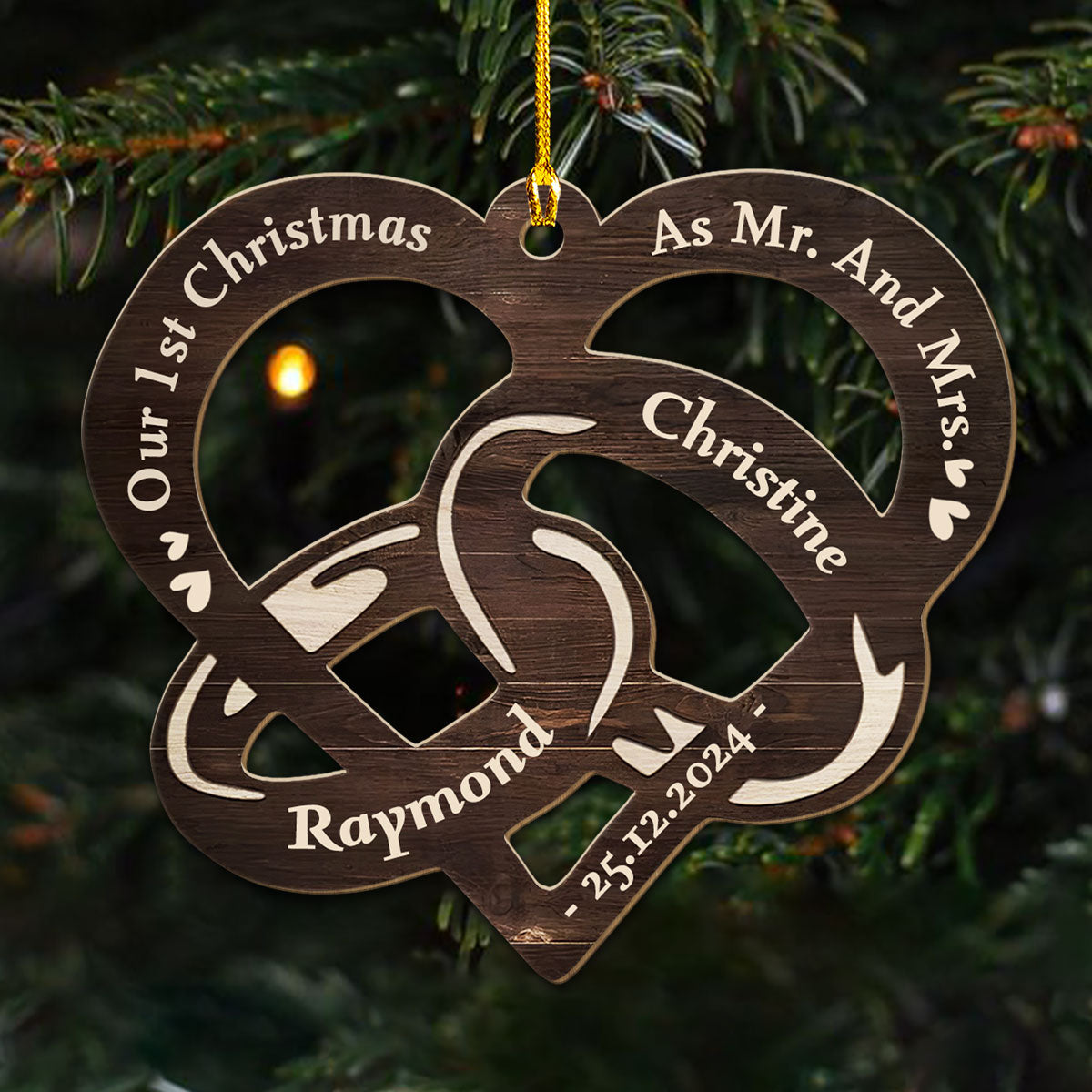 Custom First Christmas Ornament Married, Gift for Newlyweds •  Our 1st Christmas Married - Personalized Wood Ornament