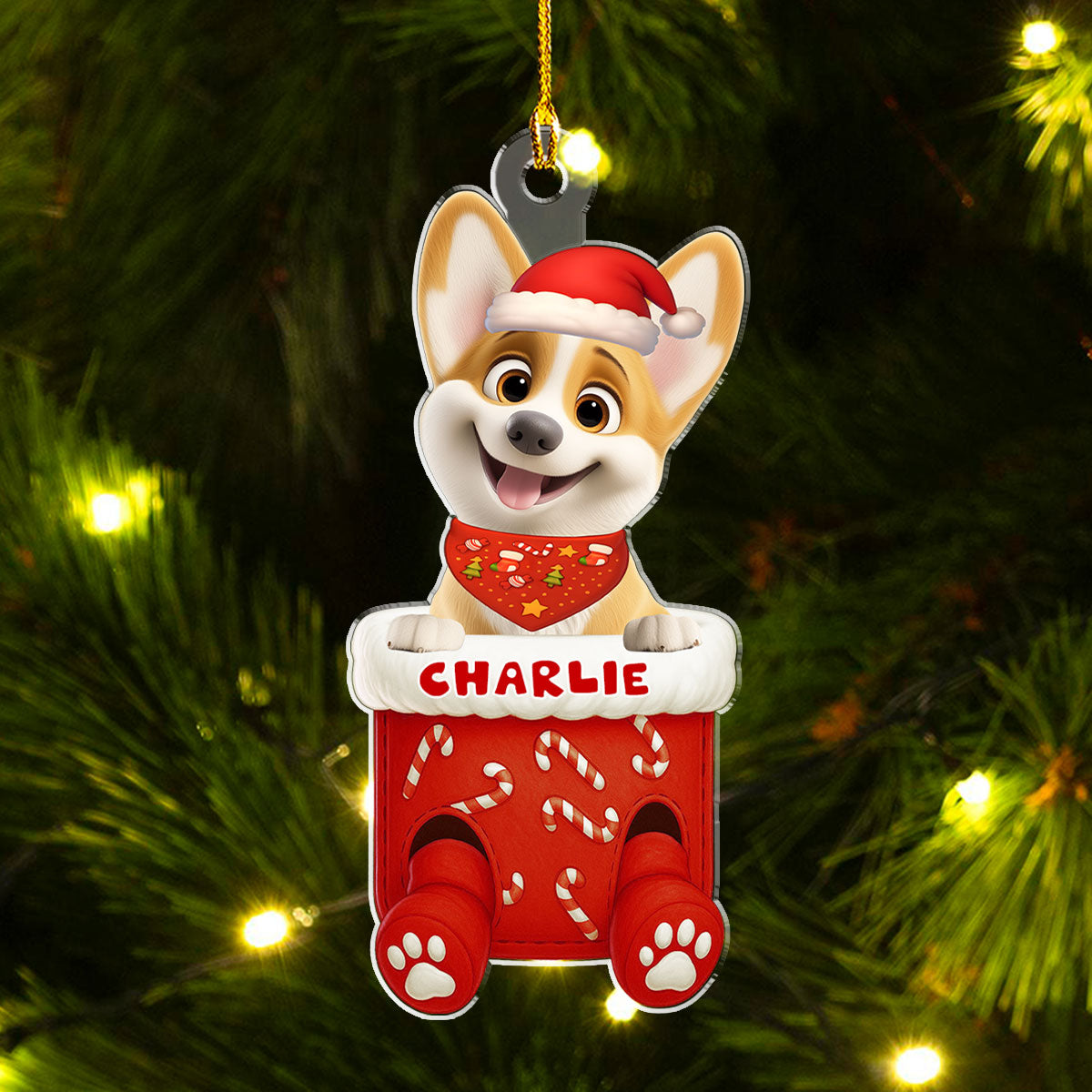 Custom Keepsake Christmas Ornament •  Funny Dog In Stocking - Personalized Acrylic Ornament