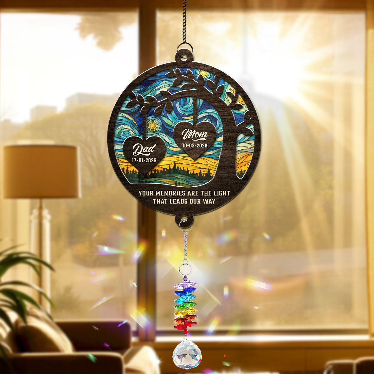 Custom Name Memorial Hanging Decor, Remembrance Keepsake • Your Spirit Lives Within Us - Personalized Suncatcher With Crystal Rainbow Charm