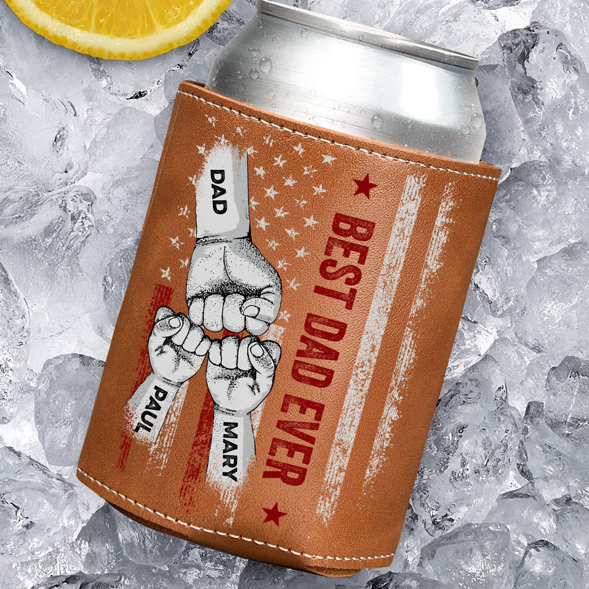 Best Bonus Dad Ever - Personalized Leather Can Cooler Holder