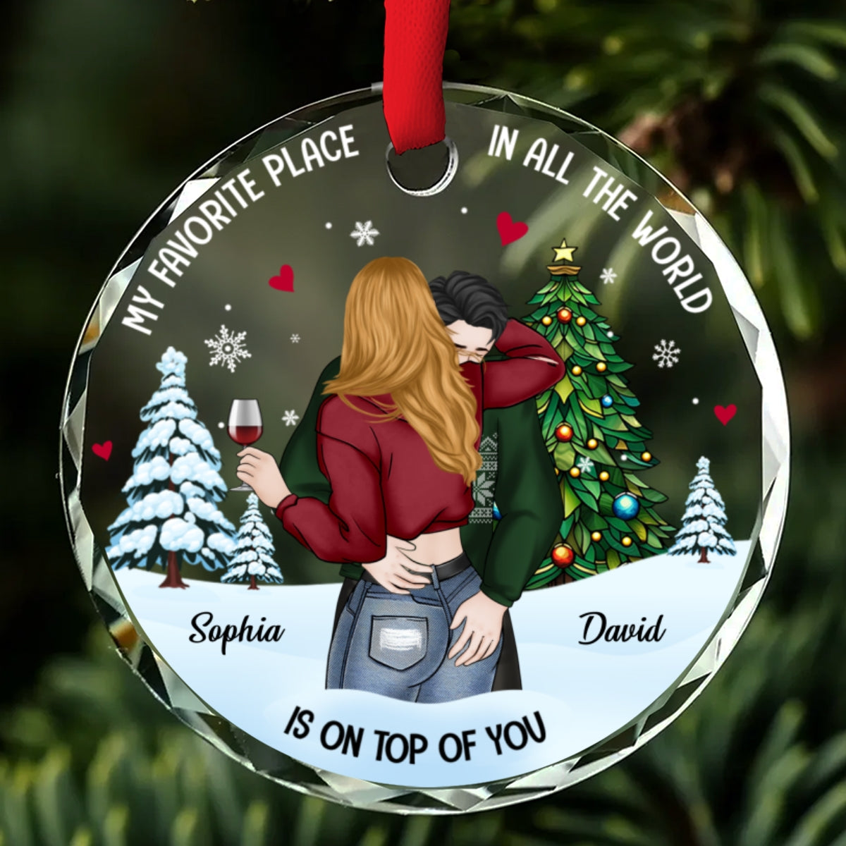Custom Couple Christmas Ornament, Anniversary Gift •  My Favorite Place - Personalized Glass Ornament
