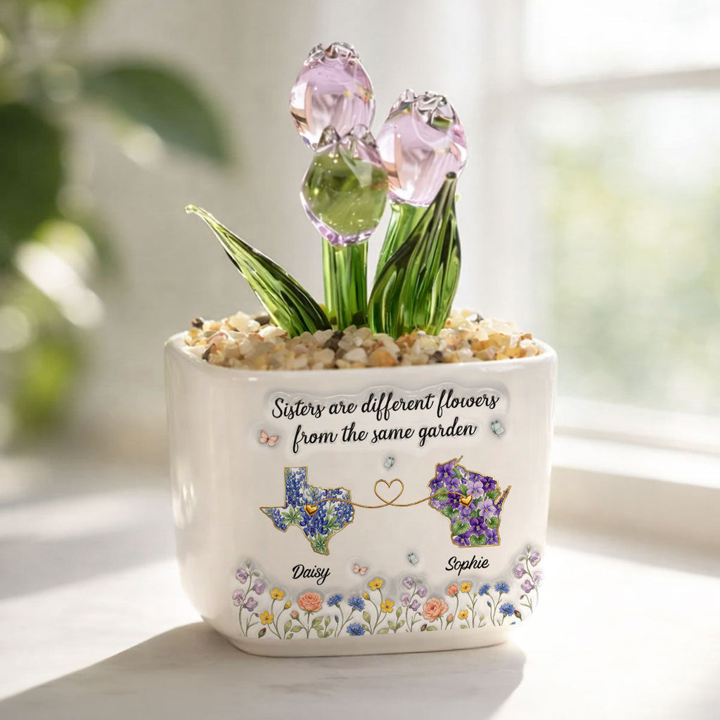 Custom Flower Keepsake, Glass Home Decor Gift for Soul Sister • Different Flowers Forever Connected - Personalized Glass Everlasting Tulips