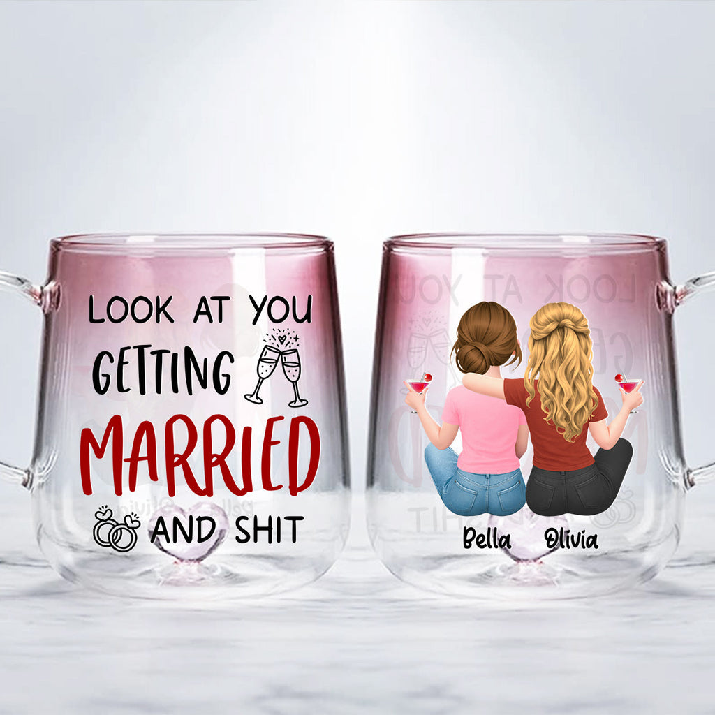 Custom Best Friend, Christmas & Birthday Friendship Keepsake Gift • Look At You Getting Married - Personalized Pink Gradient Glass Mug