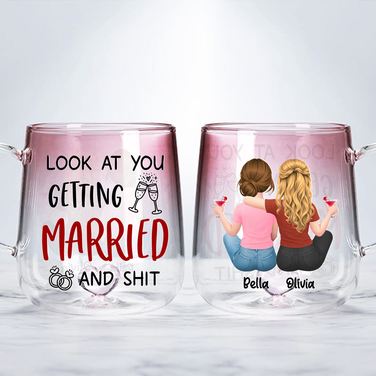 Custom Best Friend, Christmas & Birthday Friendship Keepsake Gift • Look At You Getting Married - Personalized Pink Gradient Glass Mug