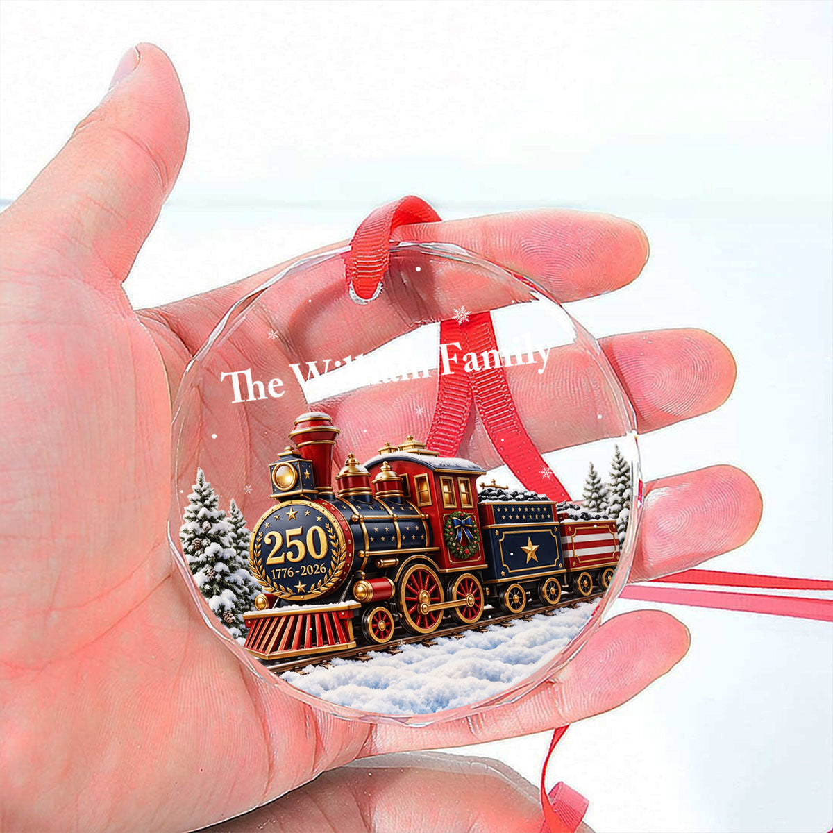 Custom Family Ornament, Christmas Gift for Family Members •  250th Christmas Train - Personalized Glass Ornament