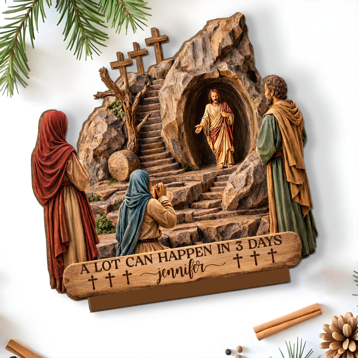 Custom Decor, Christmas Birthday Anniversary Gift Keepsake • Risen Savior - Personalized 2-Layer Wood Plaque With Flat Base