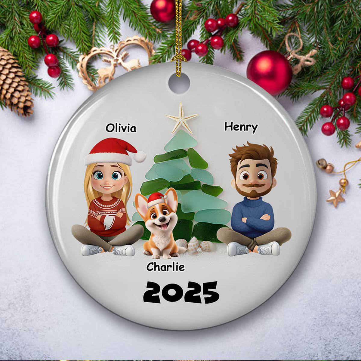 Custom Family Ornament, Christmas Gift for Family Members •  Family Sea Glass Christmas Tree - Personalized Ceramic Ornament