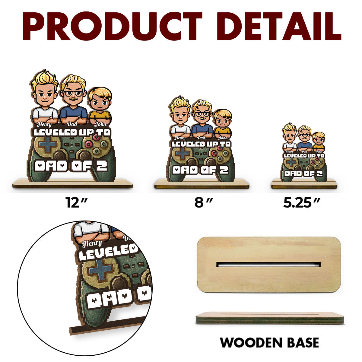 Custom Decor for Husband, Gift for Him • Leveled Up To Dad - Personalized 2-Layer Wood Plaque With Flat Base