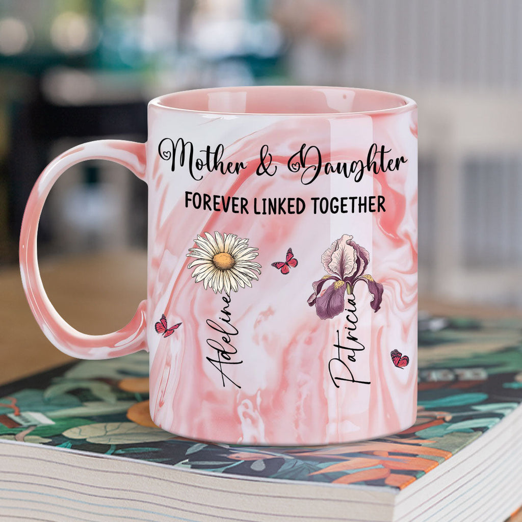 Custom Mother's Day Gift for Mom & Grandma • Mom And Daughter Forever Linked Together - Personalized Pink Marble Mug
