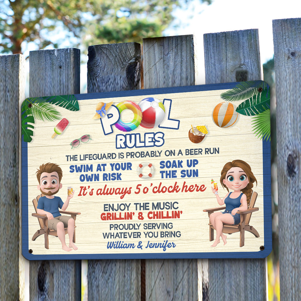 Custom Couple Campground Sign, Campsite Outdoor Wall Decor • Pool Rules - Personalized Metal Sign