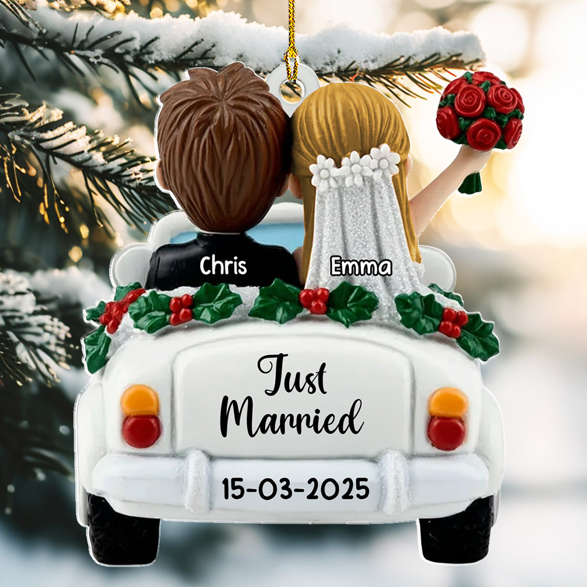 Custom Couple Christmas Ornament, Anniversary Gift •  Just Married - Personalized 3D Effect Acrylic Ornament
