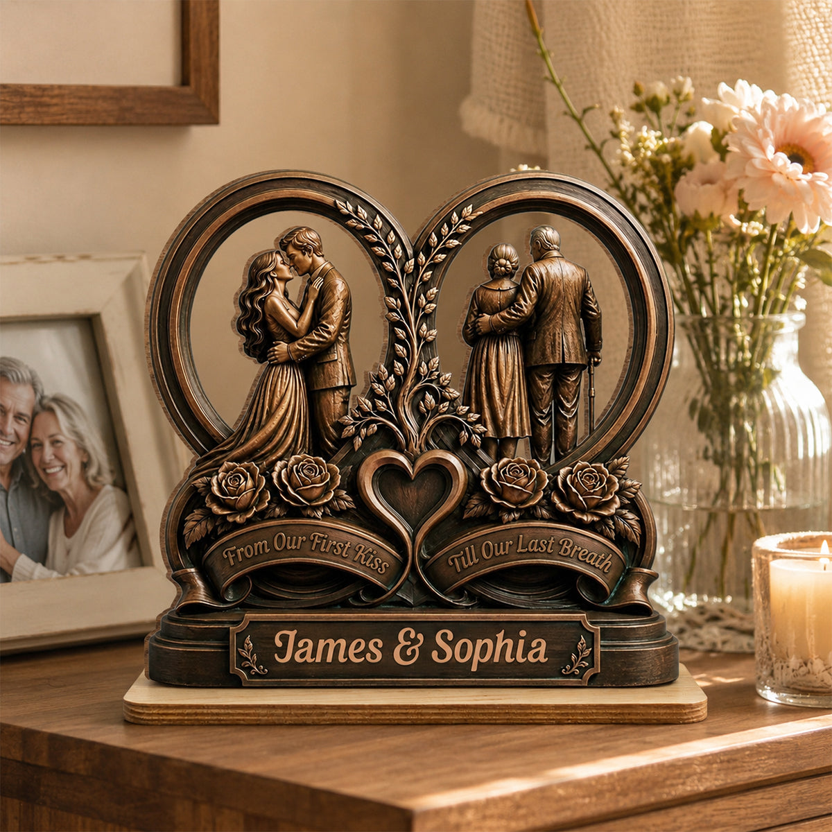 Custom Couple's Decor, Anniversary & Wedding Gift • Love You Then Love You Now - Personalized 2-Layer Wood Plaque With Flat Base