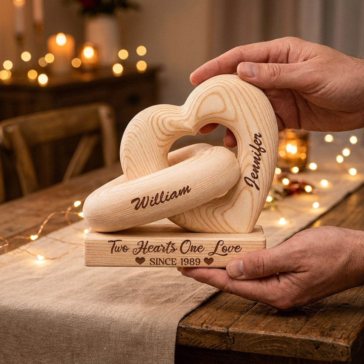 Two Hearts One Love - Personalized Heart Sculpture With Base