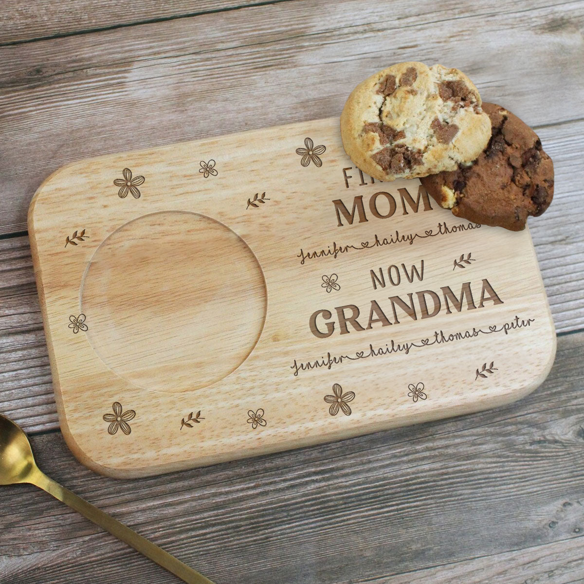 First Mom Now Grandma Version 2 - Personalized Wooden Treat Board