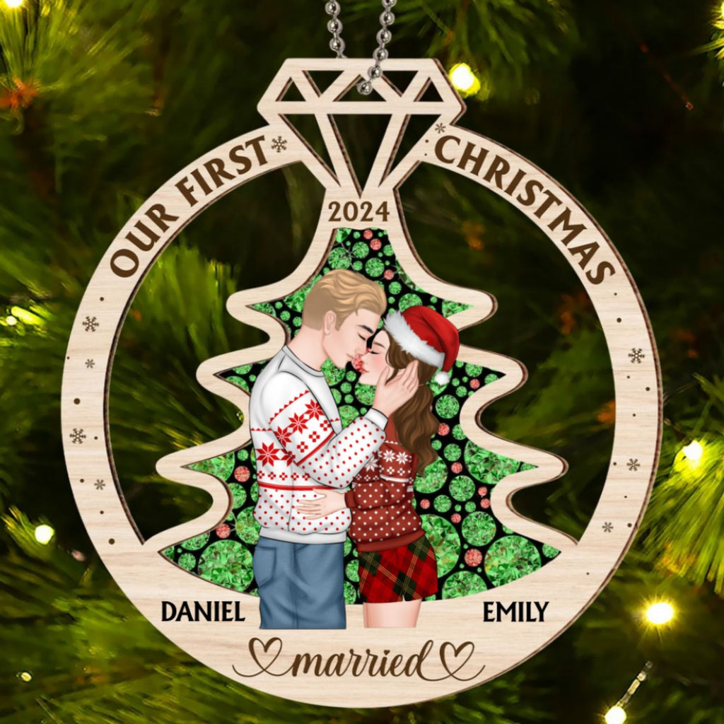 Custom First Christmas Ornament Married, Gift for Newlyweds •  Our First Christmas Married - Personalized Suncatcher Ornament