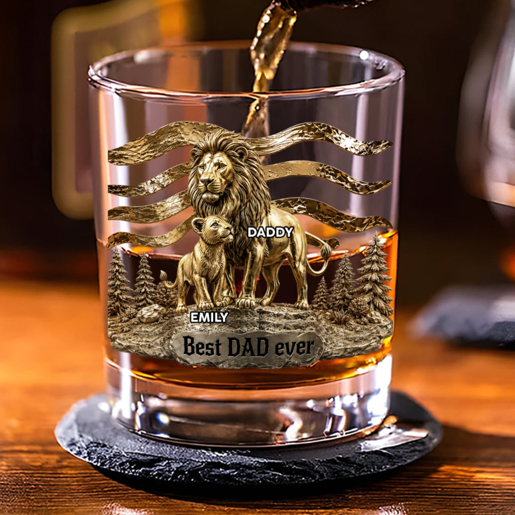 Custom Father's Day Birthday Gifts for Husband • Lion Dad And Kids - Personalized Whiskey Glass