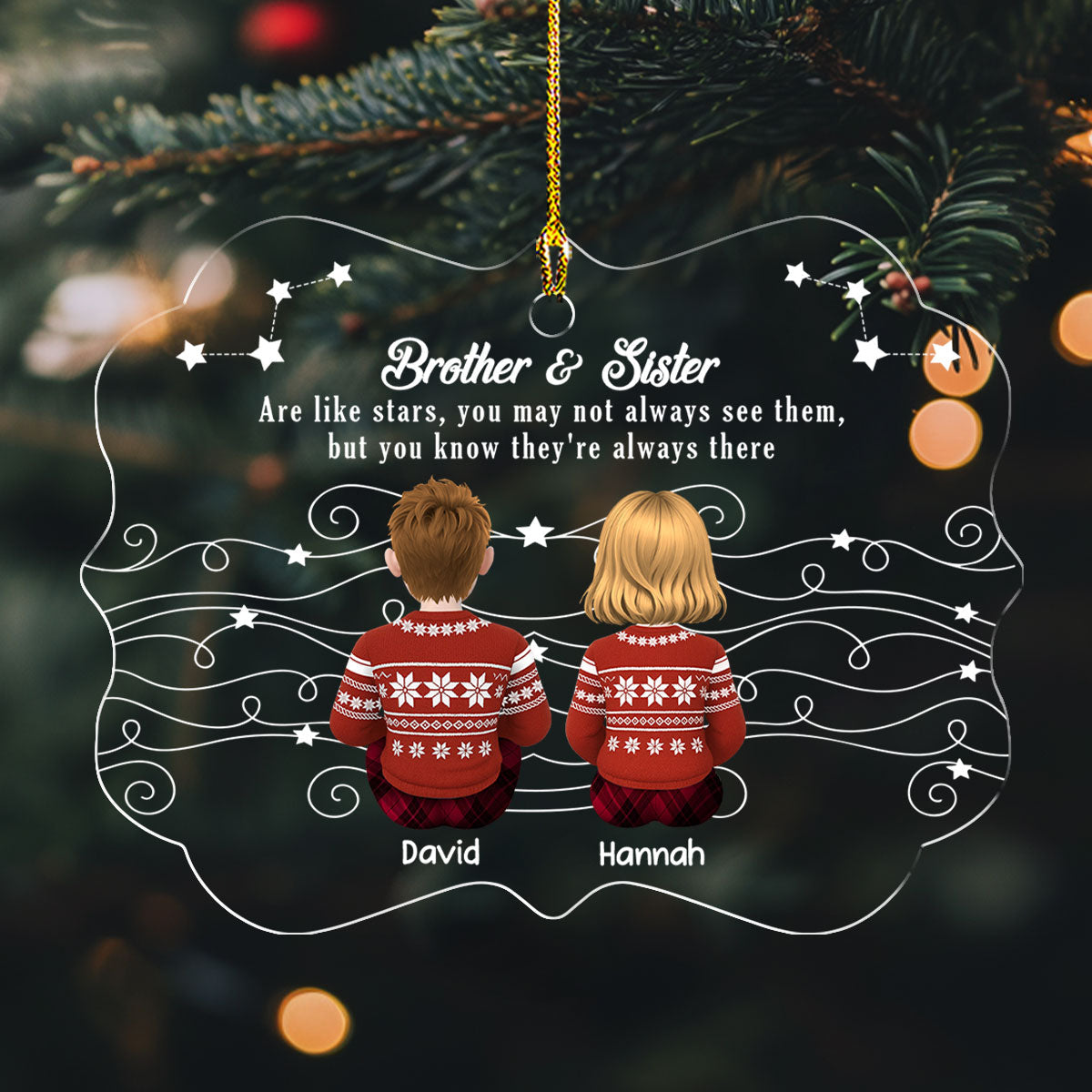 Custom Brothers & Sisters Christmas Ornament •  Always Linked Beyond The Sky - Personalized Acrylic Ornament