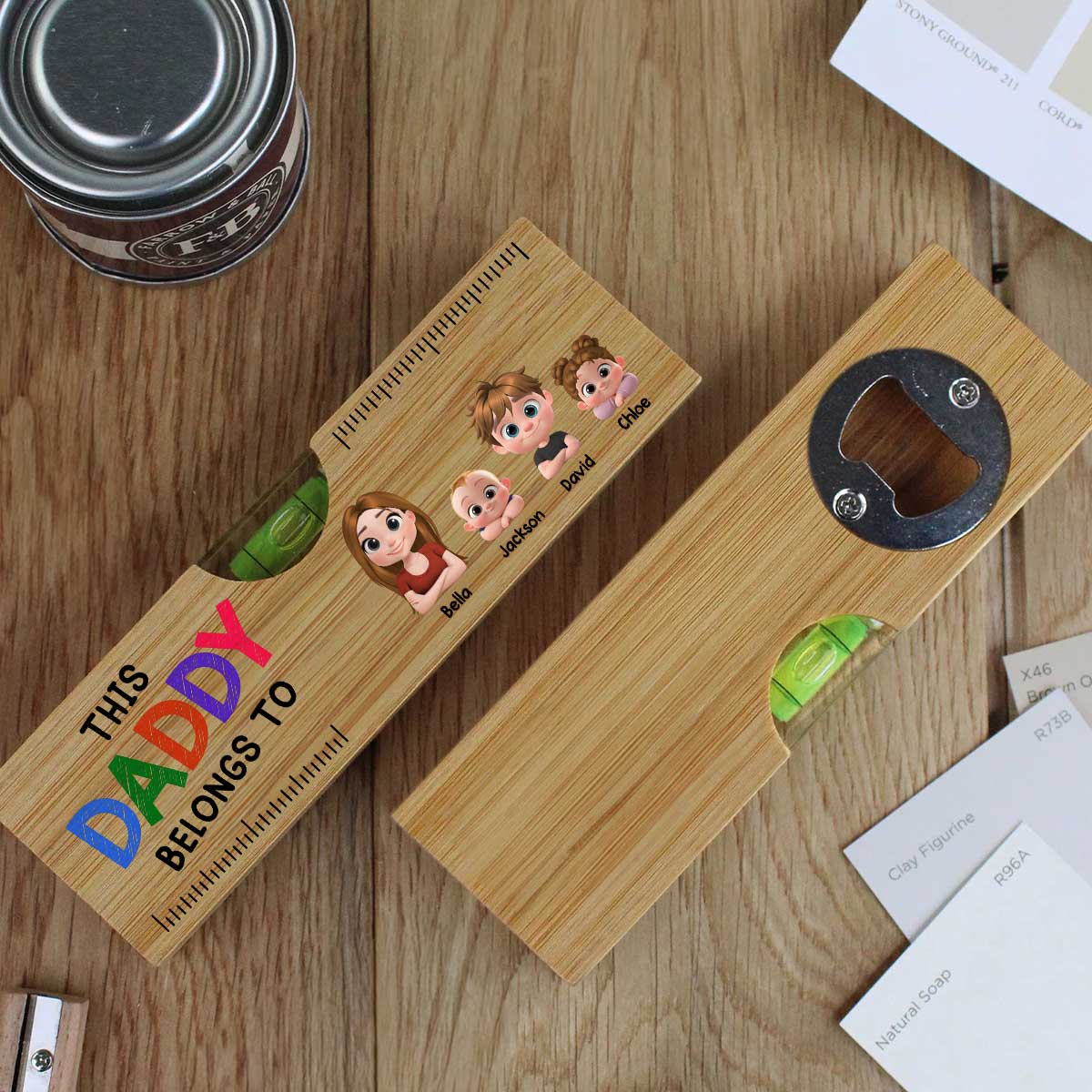 This Daddy Papa Belongs To - Personalized Wooden Spirit Level Bottle Opener