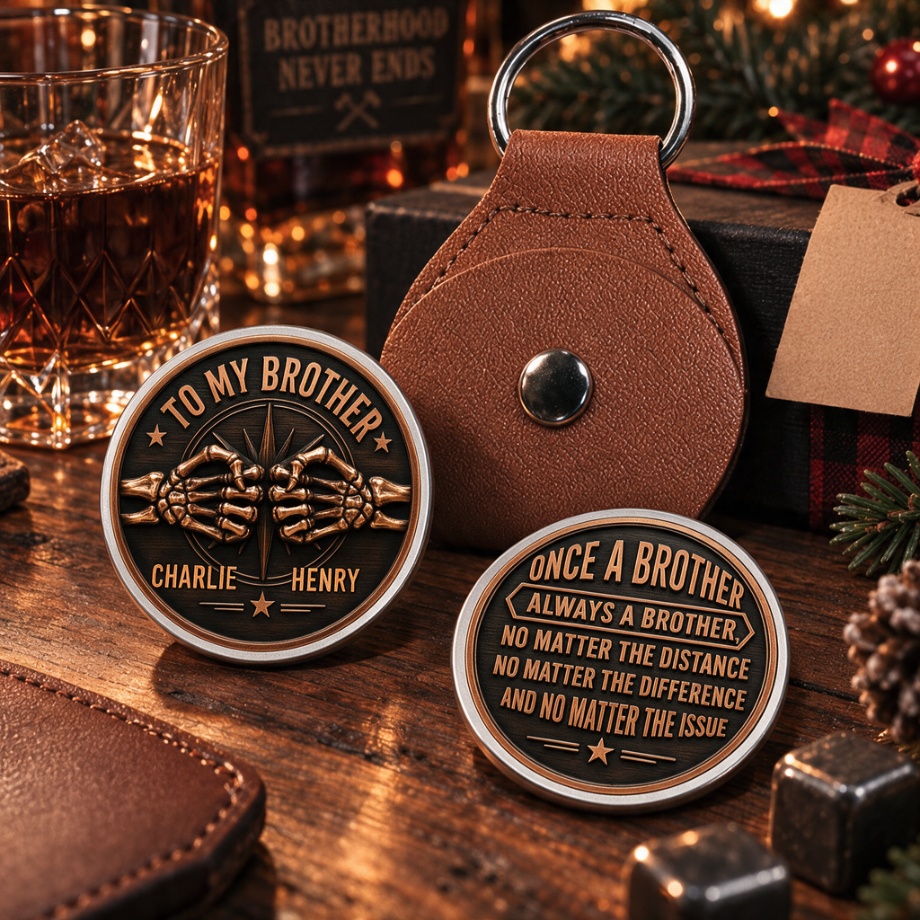 Custom Brother Coin Keychain, Birthday Gift for Family Members • Brothers By Blood - Personalized 3D Printing Pocket Hug