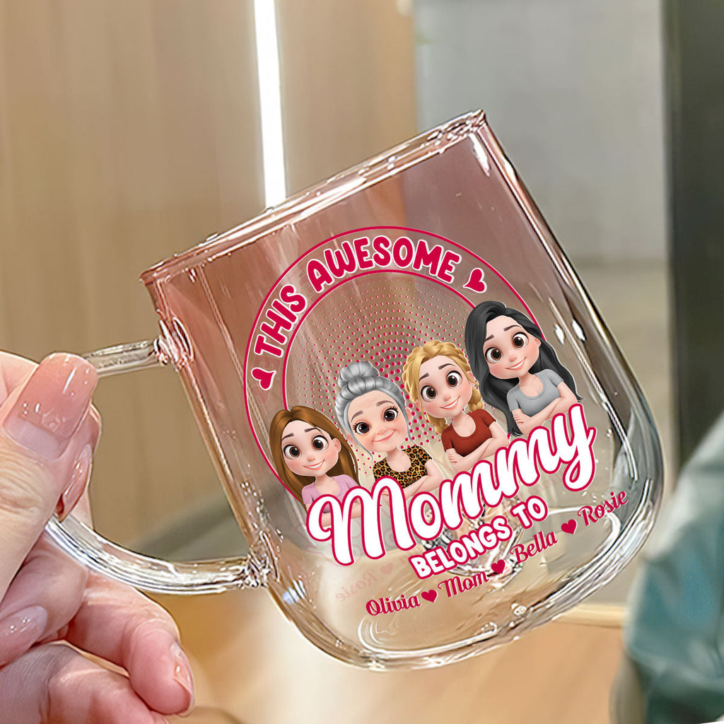 Custom Mother's Day Gift for Mom & Grandma • Awesome Mom Belongs To - Personalized Pink Gradient Glass Mug