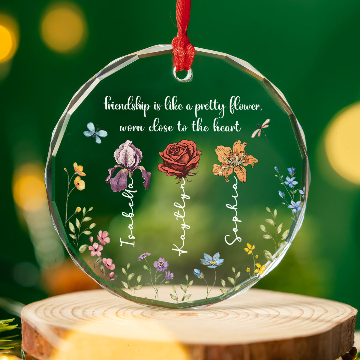 Custom Keepsake Christmas Ornament •  Friendship Blooms Where Hearts Connect - Personalized Glass Ornament
