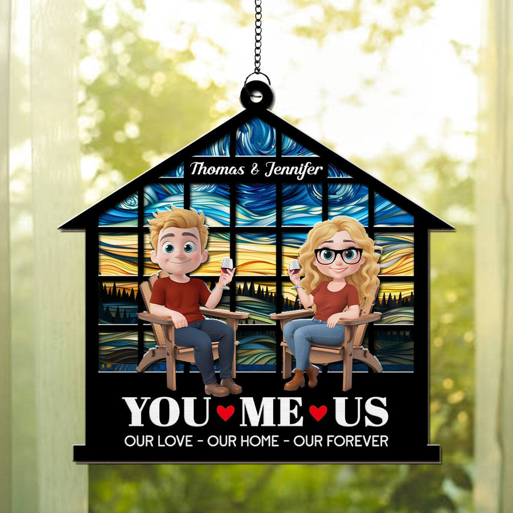 Custom Couple Hanging Decor, Anniversary Valentine's Day Gifts • Home Begins With Our Love - Personalized Suncatcher