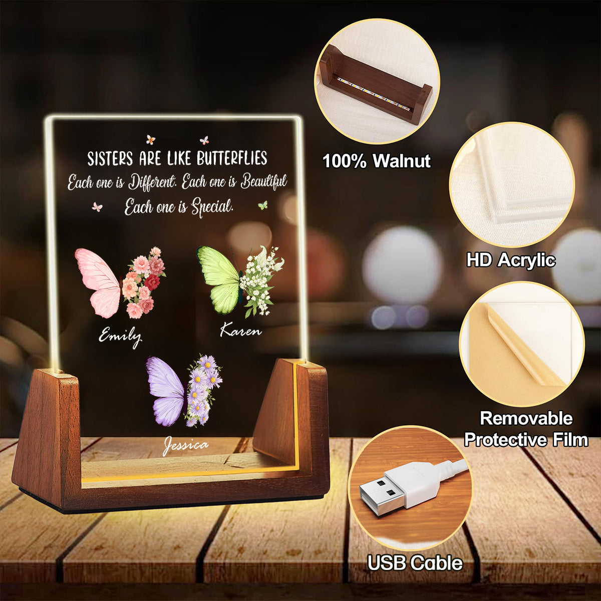 Custom Led Light Gift, Family Keepsake • Sisters Bloom In Different Ways - Personalized Night Light