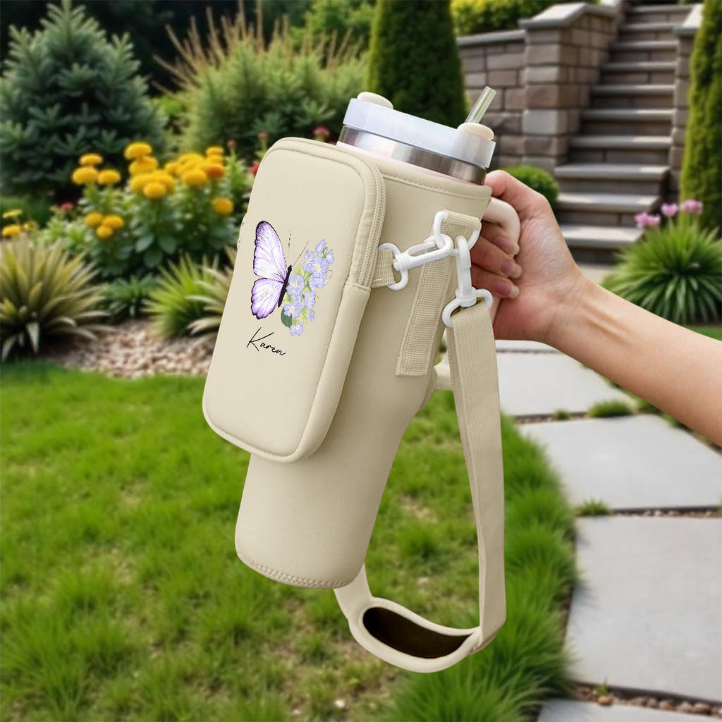Butterfly Birthmonth Flower With Name - Personalized 40oz Water Bottle Carrier Bag