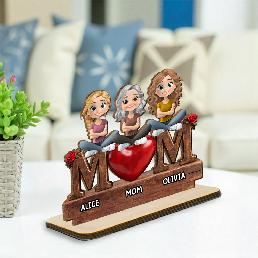 Custom Mother's Day Decor, Gift for Mom & Grandma • Safe in Mom Arms - Personalized 2-Layer Wood Plaque With Flat Base
