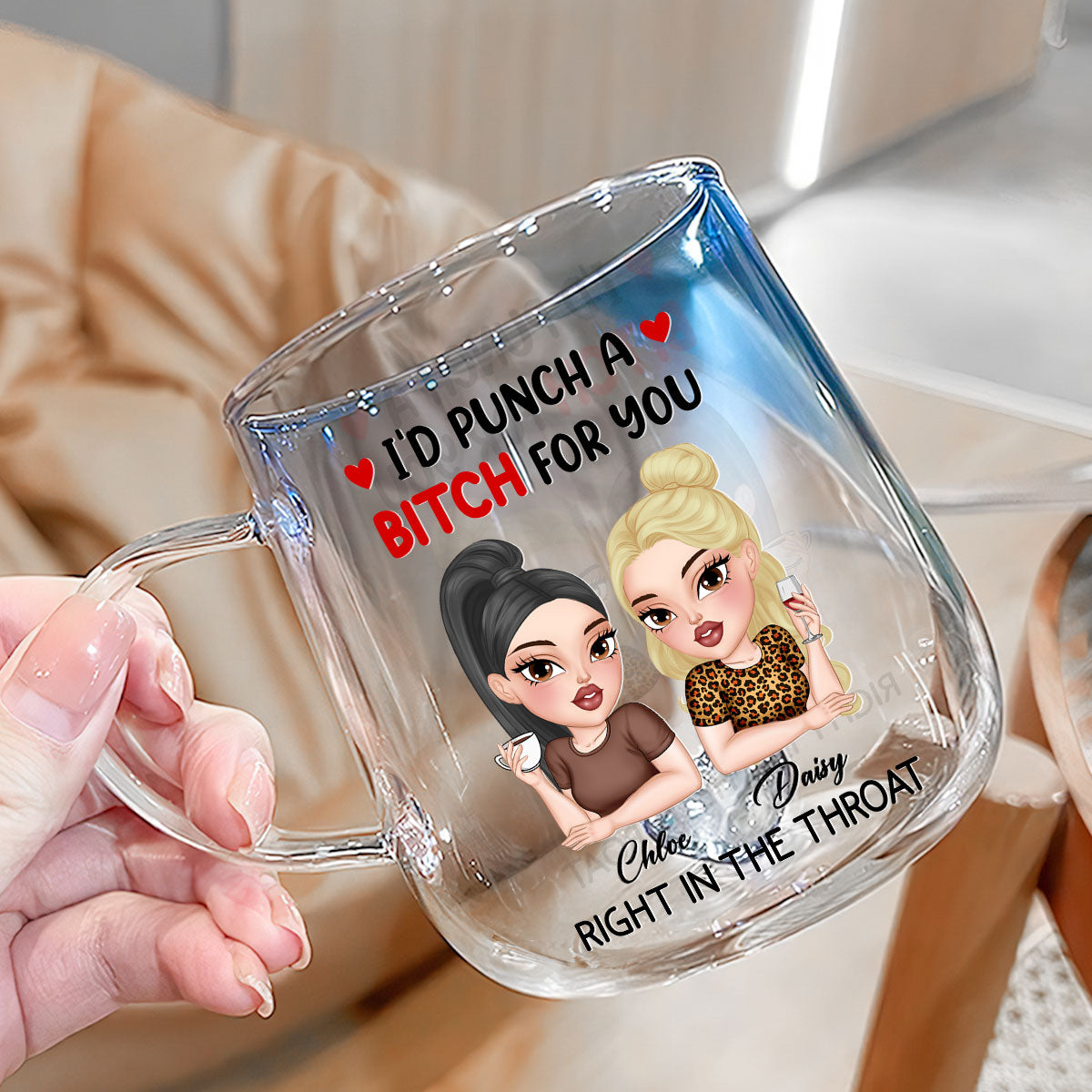 Custom Best Friend, Christmas & Birthday Friendship Keepsake Gift • Punch A Bitch For You My Friend - Personalized Blue Gradient Glass Mug