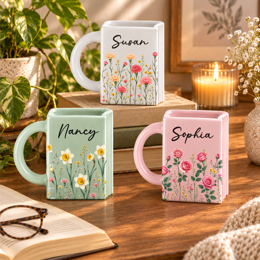 Custom Birth Flower & Name For Friends, Book Lovers, Bookworms, Readers • A Cozy Cup For Readers - Personalized Book Shaped Mug