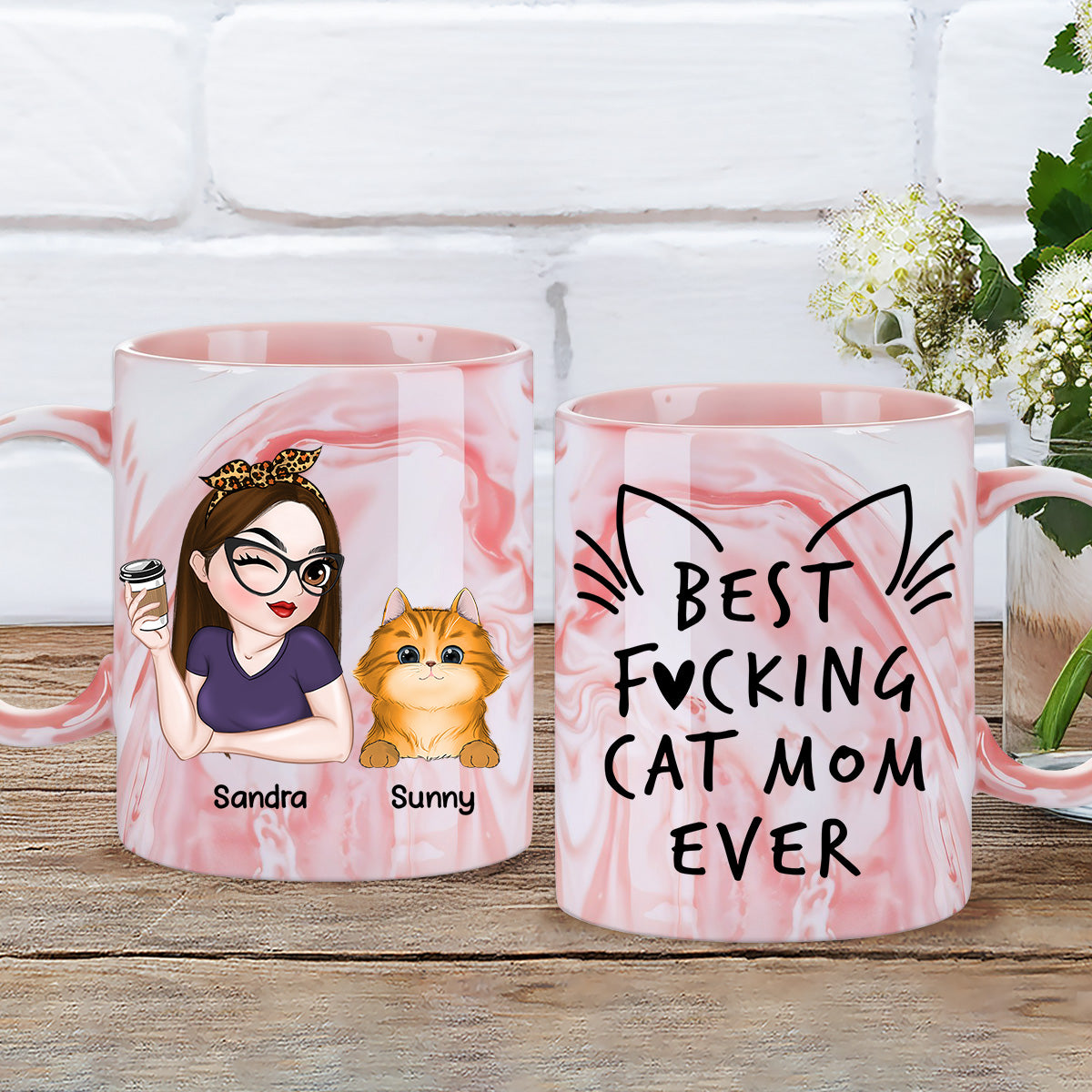 Custom Christmas & Birthday Keepsake Gift • Best Cat Mom Ever - Personalized Pink Marble Mug